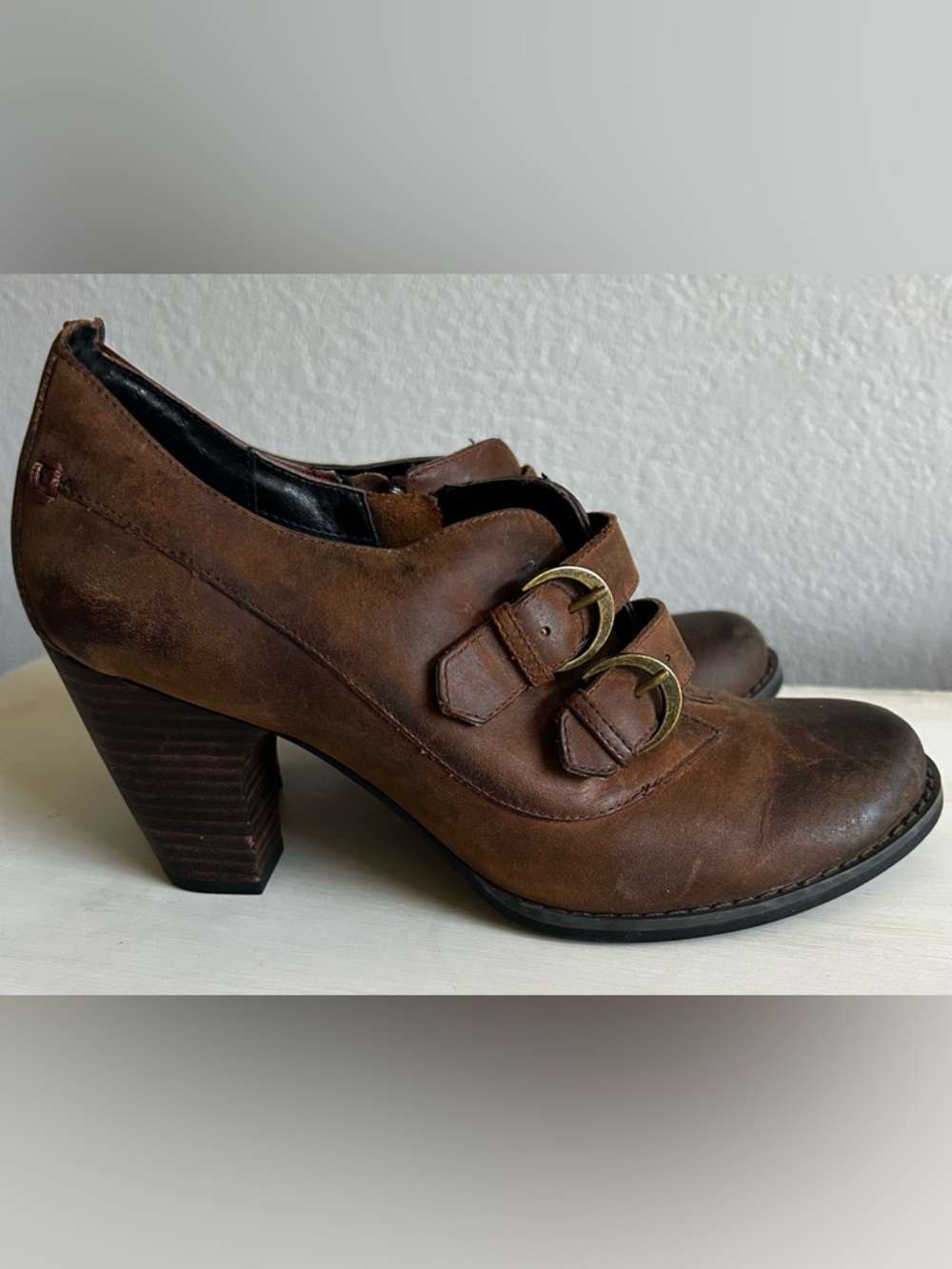 Indigo distressed rustic style heeled booties, brown leather, women 7.5